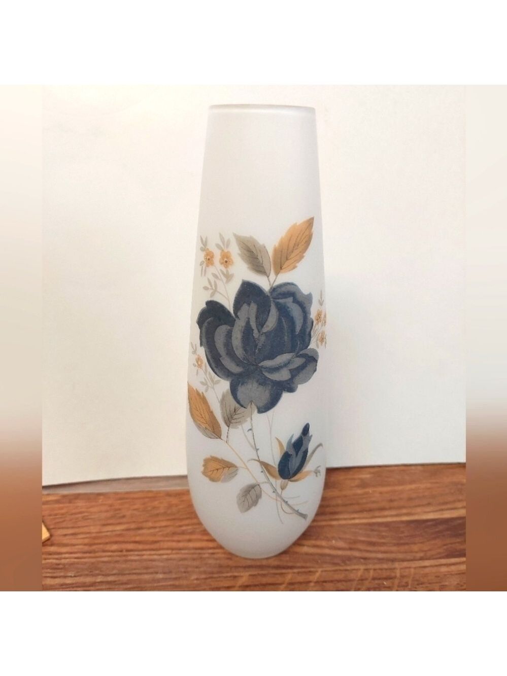 Vintage* MCM Fosted Satin-finish Blue Rose Transferware Bud Vase